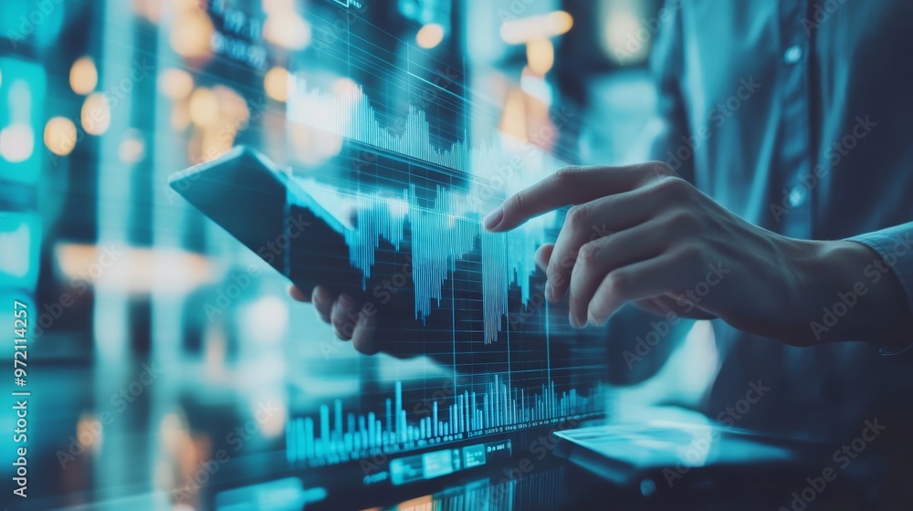Poster person analyzes data on a tablet, featuring graphs and statistics in a modern digital workspace.
