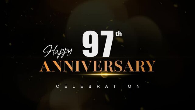 Happy 97th anniversary, Text with white and golden letters and Dark Golden particle Bokeh background