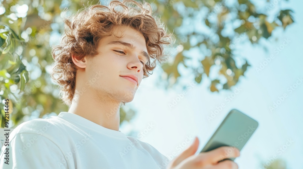 Poster a young man using his phone to attend a virtual class and interact with his professor.