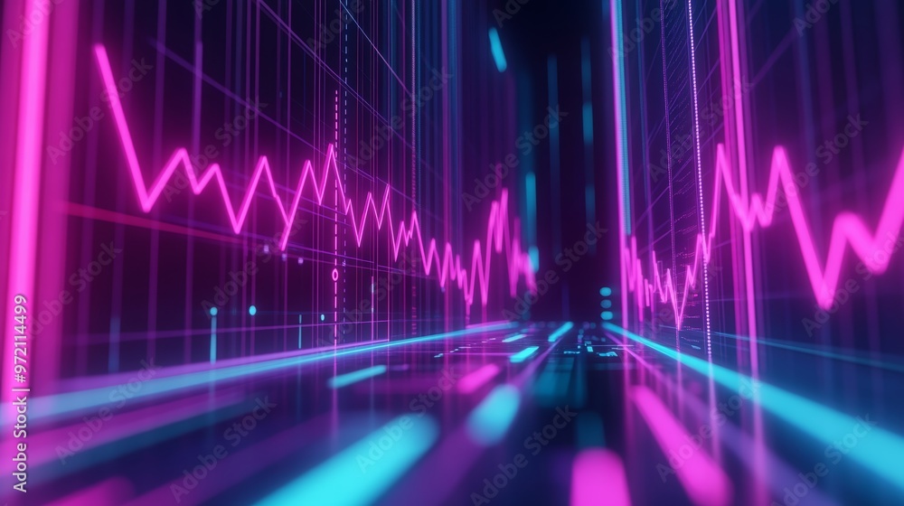 Poster vibrant neon lines and graphs create a futuristic digital landscape, symbolizing technology and data