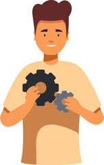 Young man is holding two gears, showing a positive attitude towards problem solving