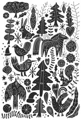 Groovy Christmas animals set. Hygge Noel Scandinavian style bundle, design collage isolated cutout elements. Birds, horse, rabbit, squirrel, woodland characters, xmas tree elm and more botanicals