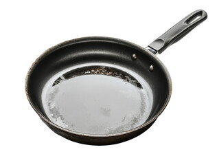 Dirty black frying pan with a sleek design on a transparent background.