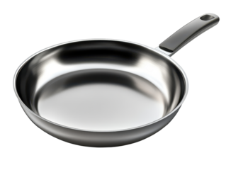 Silver frying pan with handle on a transparent background.