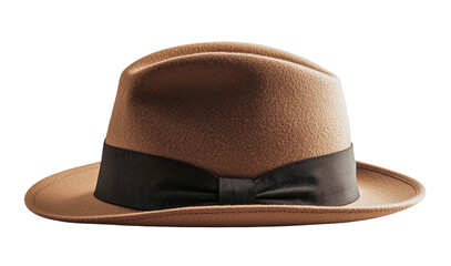 Brown fedora hat with ribbon on transparent background with copy space for text.