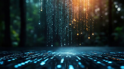 A digital waterfall cascading down a screen, with each drop representing an encrypted data packet, illustrating the flow of secure data.