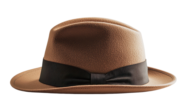 Brown fedora hat with ribbon on transparent background with copy space for text.