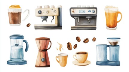 Artistic set of Watercolor coffee machines and coffee drinks isolated on brown background,hand-drawn vector,coffee cups and coffee beans,modern flat design,Fashionable and cute coffee motif concept.