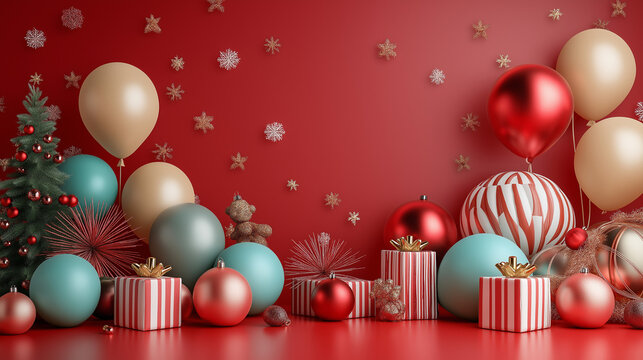 red christmas balls and gif boxes on red background