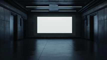 Sci-Fi Corridor Canvas: A blank billboard illuminates a desolate, futuristic hallway, flanked by imposing metal doors, ready for your message in this atmospheric scene. 