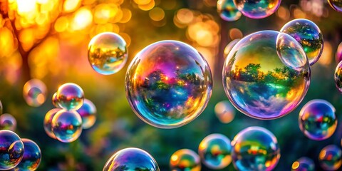 floating soap bubbles glisten and reflect light