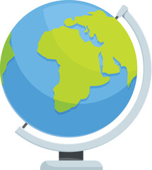 Cartoon globe rotating on a stand, showing africa and asia in green and the oceans in blue