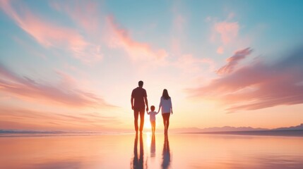 A father with his wife and child, standing together on a beach, enjoying the sunset.