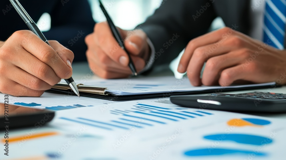 Poster business meeting with hands writing on paperwork, analyzing financial graphs and charts on table. pr