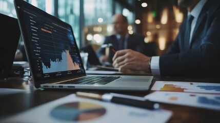 Business meeting with laptop displaying financial graphs and charts, analyzing stock market data in a modern office setting.
