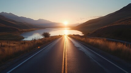 Scenic mountain road with lake and sunset.