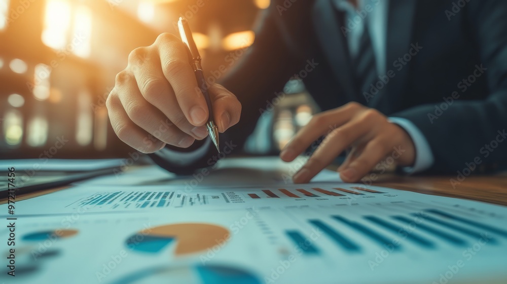 Poster business professional analyzing financial charts and graphs, focusing on data trends and statistics 