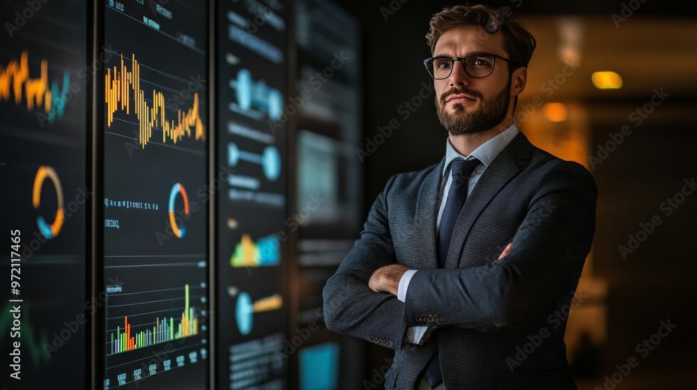 Aufkleber business professional analyzing data on digital screens with graphs and charts in a modern office en