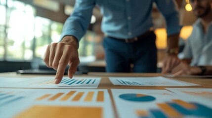 Fototapeta premium Business professional analyzing charts and graphs during a corporate meeting in a bright office setting.