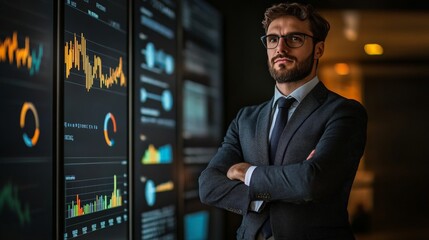 Fototapeta premium Business professional analyzing data on digital screens with graphs and charts in a modern office environment, reflecting market trends.