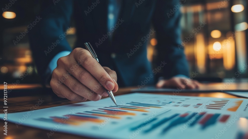 Poster businessman analyzing financial charts and graphs on a desk, focused on data-driven decision-making 