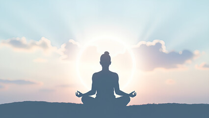 A serene and minimalist image that conveys calm and introspection In the background a soft sky in shades of blue and pink with delicate clouds symbolizing peace and tranquility a silhouette of a perso
