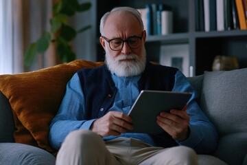 Senior man using tablet on sofa