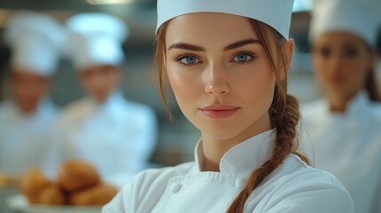 A multicultural group of female chefs, dressed in their professional uniforms, standing proudly in a modern kitchen, symbolizing unity and culinary expertise
