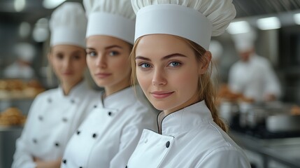 A multicultural group of female chefs, dressed in their professional uniforms, standing proudly in a modern kitchen, symbolizing unity and culinary expertise