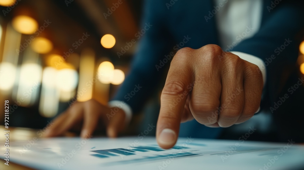 Poster close-up of a businessman pointing at a document in an office setting, highlighting analysis and tea