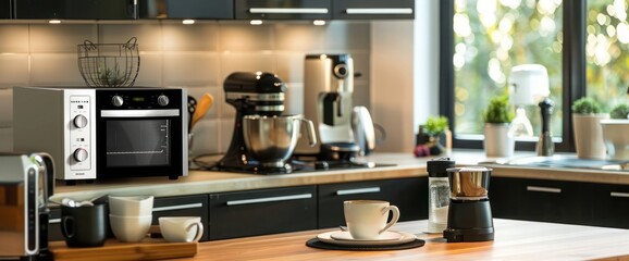 Microwave oven, coffee machine, mixer and set of plates on wooden table in modern kitchen