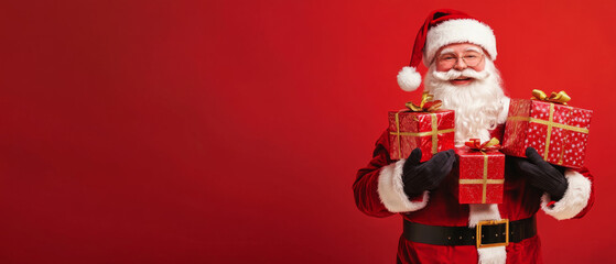 Obraz premium Santa Claus with Presents on Red Background: A jolly Santa Claus with a white beard and a red hat smiles warmly as he holds a stack of wrapped Christmas presents against a vibrant red backdrop, convey