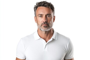 Serious middle aged man in polo shirt on white background.
