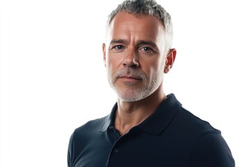 Serious middle aged man in polo shirt on white background.