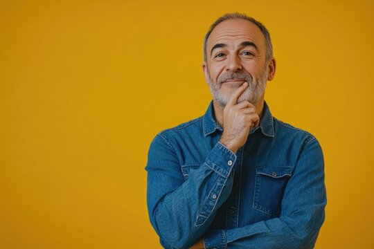 Middle aged man in denim shirt pondering with doubt expression.