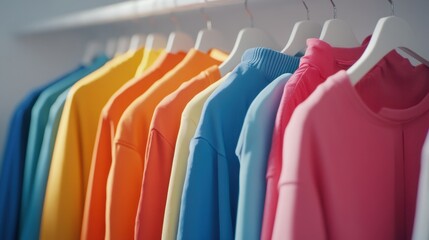 Fototapeta premium Colorful fashion Clothes on a clothing hanger,knitwear and hoodies on hangers,Minimal fashion clothes on a rack,Fashion blog, website, social media,store in shopping mall,sale online.