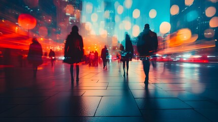 city lights, night view, vibrant, urban energy, nightlife, close up, focus on, copy space, bright colors, dynamic motion, Double exposure silhouette with people enjoying