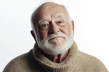 Studio portrait of smiling elderly man on white background.