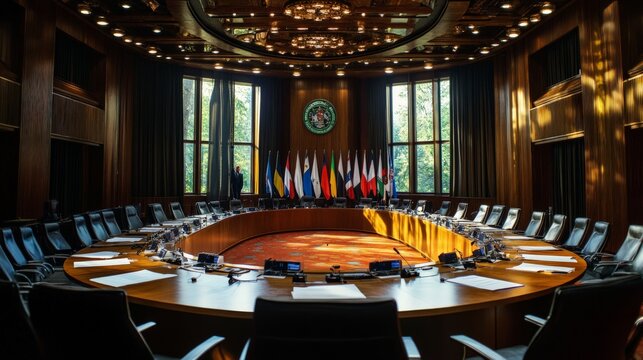 Elegant conference room with a large round table, modern chairs, and flags displayed, set for an international meeting.
