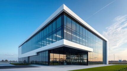 Obraz premium Wide exterior shot of a spacious factory with modern steel architecture, surrounded by large open grounds