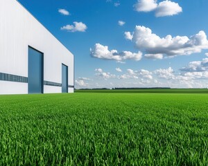 Factory building with clean, industrial lines, steel and glass exterior, surrounded by spacious green fields