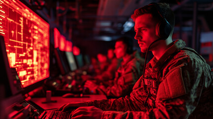 Obraz premium Cyber Warfare Command: A focused soldier monitors critical data streams, bathed in the crimson glow of the command center, showcasing the intensity of modern warfare. 