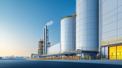 Obraz premium Exterior of a large factory with steel framework, spacious parking lot, industrial design, clear blue sky backdrop