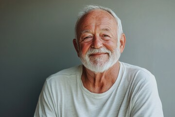 Obraz premium Happy older man in shirt smiles for camera on gray background.