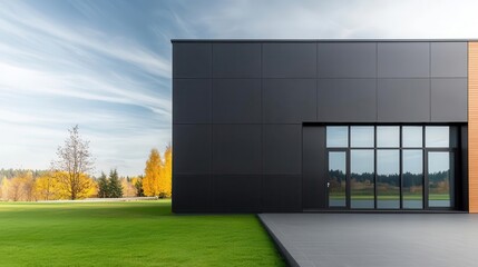 Wide view of a modern industrial building with sleek steel and glass exteriors, surrounded by spacious open land