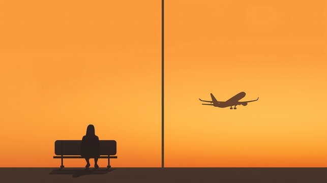 Sunset Departure: A solitary figure contemplates the departing plane against a vibrant orange sky, capturing the bittersweet emotions of travel and farewell. 