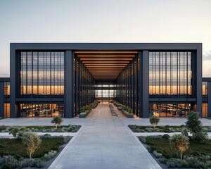 Fototapeta premium Wide view of a large factory complex, surrounded by open land, steel and glass exterior, spacious design