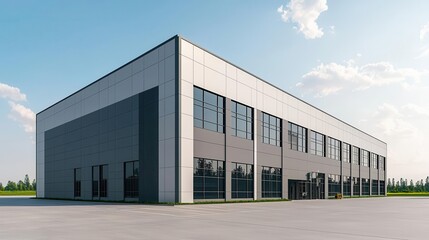 Obraz premium Wide-angle view of a steel and glass factory building, surrounded by spacious parking areas and open fields