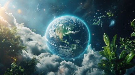 A surreal depiction of Earth floating in a cloud-filled sky, surrounded by celestial bodies.