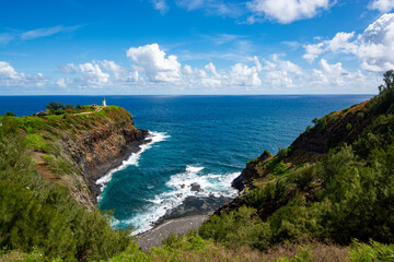 Kilauea point with wildlife refuge above turquoise bay on north coast of Kauai in Hawaii